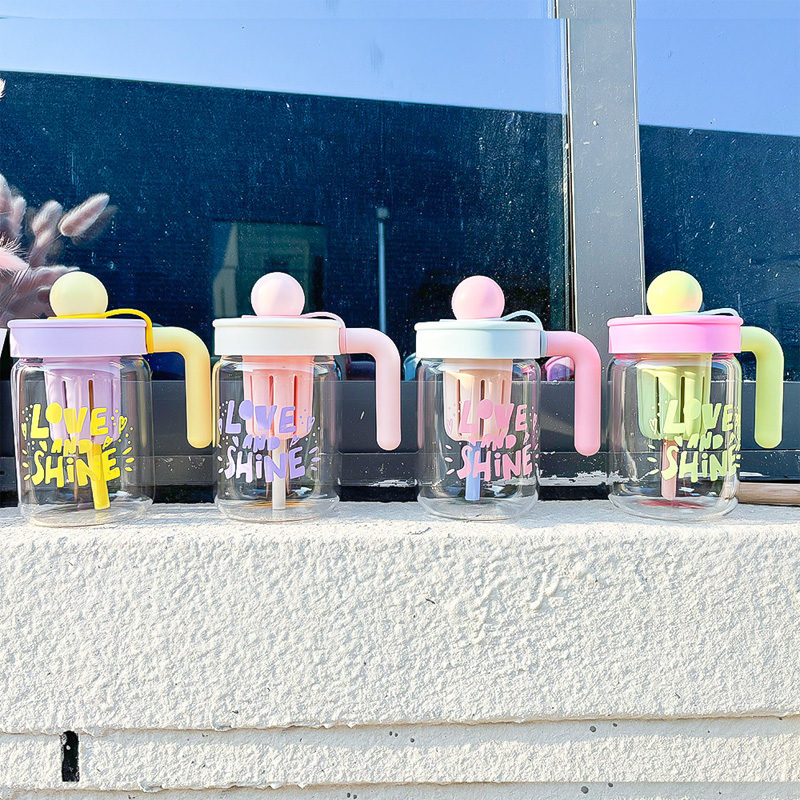 Picture of 650ml Glass cup new high borosilicate handled coffee cup glass water cup cold drink cola beverage cup milk tea milk single layer cup with straw cap(Multicolor 1 pcs)