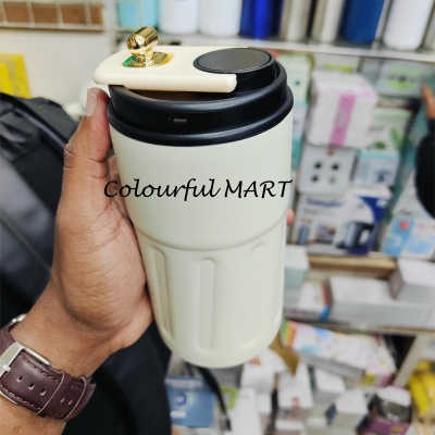 Picture of temperature display coffee/juice hot and cold 450ml stainless steel thermos with strap(white body black lid)