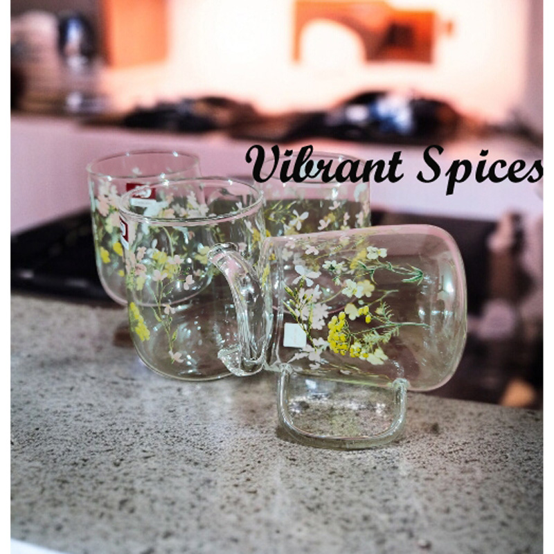 Picture of 520ml Heat-resistant thickened  glass cup with simple large-capacity drinking cup tea cup household transparent cup men and women tea 4pcs  set(borosilicate mug floral design 520ml)