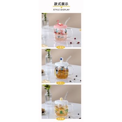 Picture of Creative printed glass straw cup with lid high borosilicate glass heat-resistant mug(astronaut print 500)