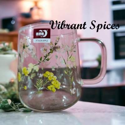 Picture of new 520ml Heat-resistant thickened  glass cup with simple large-capacity drinking cup 4pcs  set(520ml floral 4pcs)