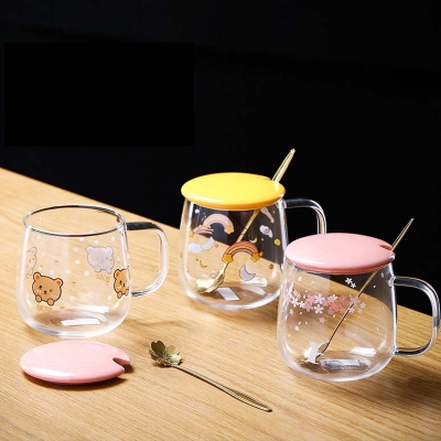 Picture of Creative transparent pot belly cup Japanese flower scale tea cup mug with lid and spoon high borosilicate milk coffee cup - Coffee Mug, WATER MUG(1pcs flower design)