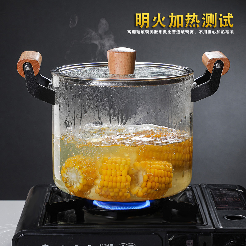Picture of High Temperature Resistant Transparent Lid With Wooden Handle Stock Pot With Large Capacity Open Flame Heating Glass Double Ear(5.5 litter)