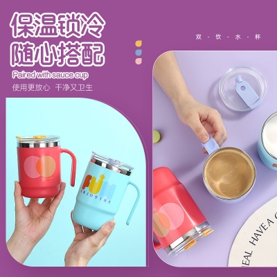 Picture of printed 304 coated hot and cold stainless steel drinking cup, anti-fall, anti-scalding, large-capacity mug, office cup, 400ml with straw(red straw mug)