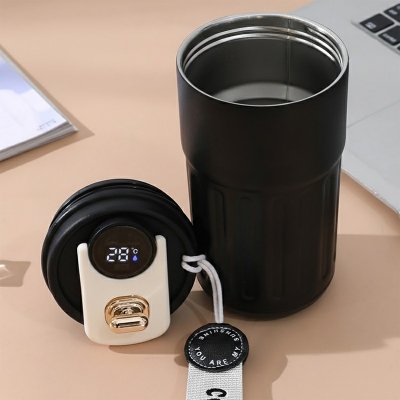 Picture of temperature display coffee/juice hot and cold 450ml stainless steel thermos with strap(black with led temperature 450ml)