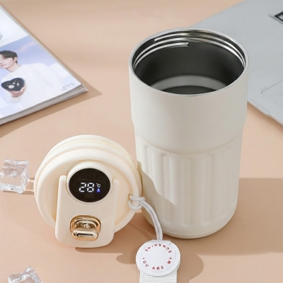 Picture of temperature display coffee/juice hot and cold 450ml stainless steel thermos with strap(White with led temperature 450ml)