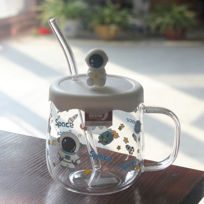 Picture of Creative printed glass straw cup with lid high borosilicate glass heat-resistant mug(astronaut print)