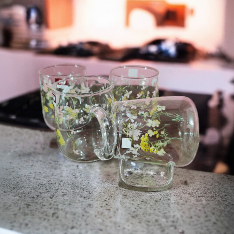 Picture of new 520ml Heat-resistant thickened  glass cup with simple large-capacity drinking cup 4pcs  set(520ml floral 4pcs)