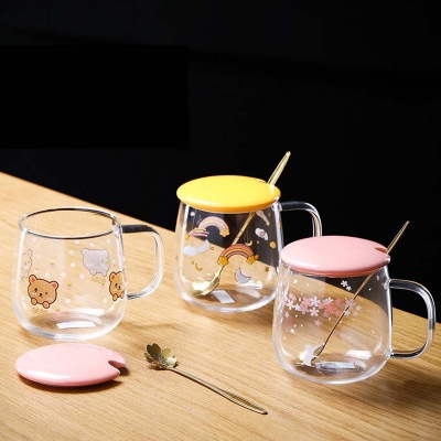 Picture of Creative transparent pot belly cup Japanese flower scale tea cup mug with lid and spoon high borosilicate milk coffee cup - Coffee Mug, WATER MUG(1pcs panda design)