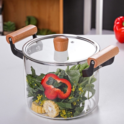 Picture of High Temperature Resistant Transparent Lid With Wooden Handle Stock Pot With Large Capacity Open Flame Heating Glass Double Ear(5.5 litter)