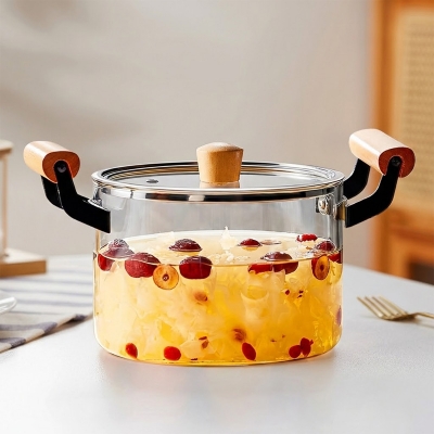 Picture of High Temperature Resistant Transparent Lid With Wooden Handle Stock Pot With Large Capacity Open Flame Heating Glass Double Ear(3.5  litter)