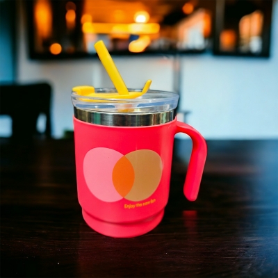 Picture of printed 304 coated hot and cold stainless steel drinking cup, anti-fall, anti-scalding, large-capacity mug, office cup, 400ml with straw(red straw mug)