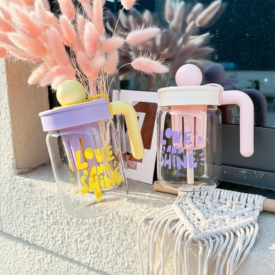 Picture of 550ml Small flower straw cap layer borosilicate glass cup cartoon water cup straw cold drink cola beverage cup milk tea milk single layer cup with lid and straw(650ml 1 pcs)