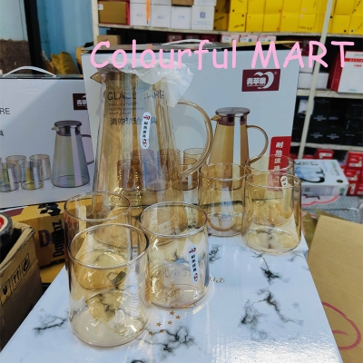 Picture of 6pcs cup 1 pcs jug BOROSILICATE TUMBLER AND PITCHER 7 pcs SET(7pcs jug set golden)