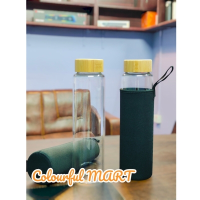Picture of glass Water Bottle with Time Marker Creative Large Capacity Leakproof Drink Bottle FOR ALL(1000ml lid wooden)