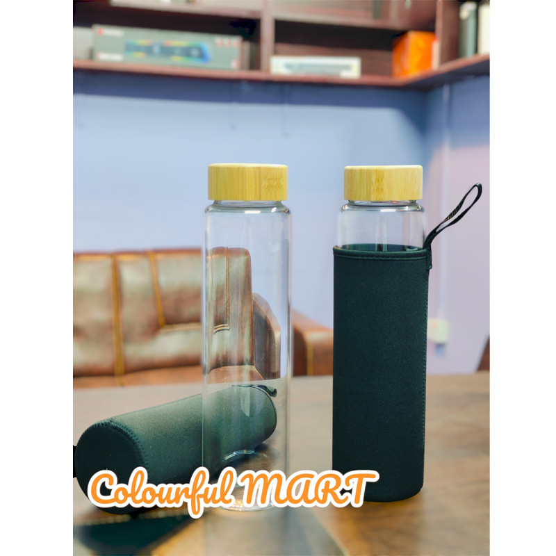 Picture of glass Water Bottle with Time Marker Creative Large Capacity Leakproof Drink Bottle FOR ALL(1000ml lid wooden)