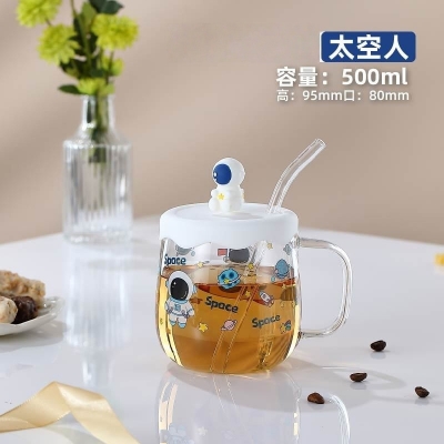 Picture of 1/2 pcs Creative cartoon printed milk cup hot high borosilicate glass large capacity graduated cup colorful glass set(cartoon mug new 1 pcs 500ml)