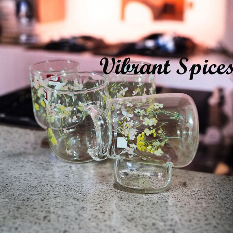 Picture of Heat-resistant thickened  glass cup with simple large-capacity drinking cup tea cup household transparent cup men and women tea 4pcs  set 320ml(520ml floral design 4 pcs)