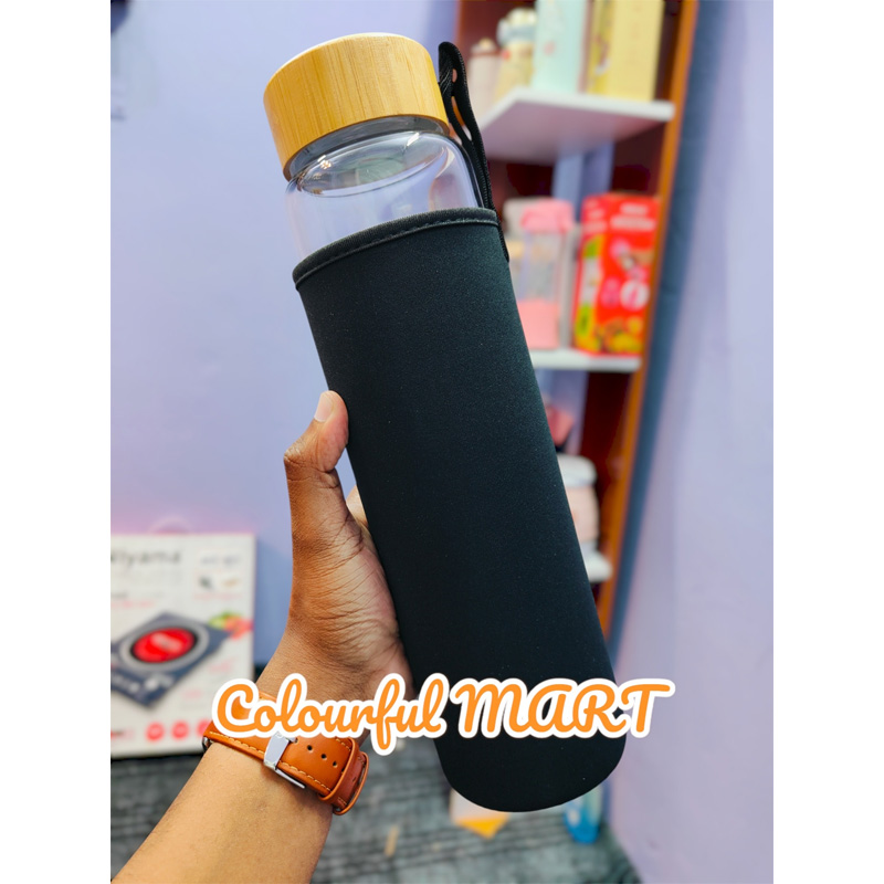 Picture of glass Water Bottle with Time Marker Creative Large Capacity Leakproof Drink Bottle FOR ALL(1000ml lid wooden)