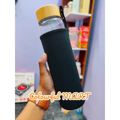 Picture of glass Water Bottle with Time Marker Creative Large Capacity Leakproof Drink Bottle FOR ALL(1000ml lid wooden)