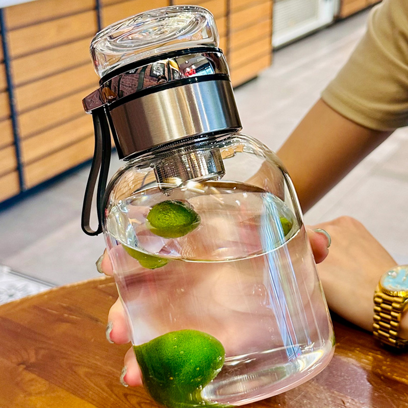 Picture of glass Water Bottle with Time Marker Creative Large Capacity Leakproof Drink Bottle FOR ALL(800ml with cover)