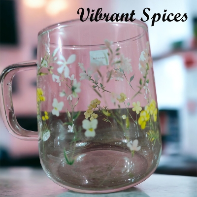 Picture of Heat-resistant thickened  glass cup with simple large-capacity drinking cup tea cup household transparent cup men and women tea 4pcs  set 320ml(520ml floral design 4 pcs)