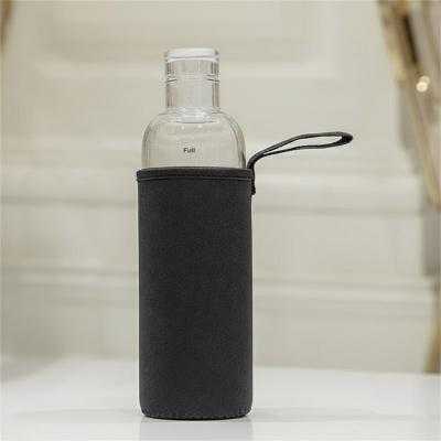 Picture of glass Water Bottle with Time Marker Creative Large Capacity Leakproof Drink Bottle(750ml black coverr)