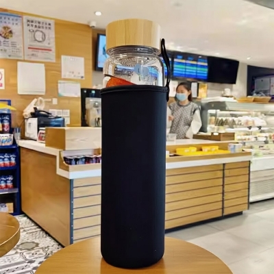 Picture of glass Water Bottle with Time Marker Creative Large Capacity Leakproof Drink Bottle(1000ml wooden lid)