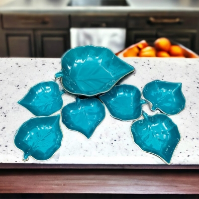 Picture of leaf design 7 Pcs Sweet Bowl Set Including Serving Dish , Oven Proof porcelain Ceramic Porcelain Snack Bowl Set,Ceramic Firni Set & bati, Soup & Firni Bati(new 7pcs pan pata design blue)