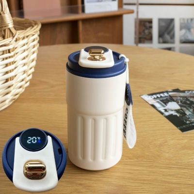 Picture of New  thermos cup high-looking stainless steel coffee cup, accompanying double drinking cup, portable student cup(white body blue lid)