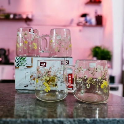 Picture of Heat-resistant thickened  glass cup with simple large-capacity drinking cup tea cup household transparent cup men and women tea 4pcs  set 320ml(520ml floral design 4 pcs)