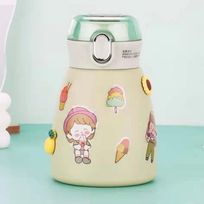 Picture of Big Belly Children's Thermos Cup Women's Good-looking Simple Cute Creative Portable 304 Children's Cup Gift with sticker(green)