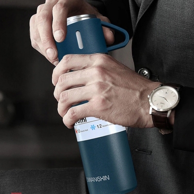 Picture of 500ml Double Layer BPA FREE Thermos Bottle Cup  Stainless Steel Double Wall Insulated Vacuum Flasks Keep Cold Hot Water Bottle Thermoses single bottle(with 2 cup set and box)