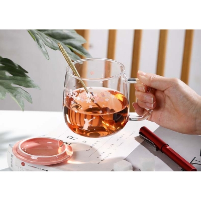 Picture of Creative transparent pot belly cup Japanese flower scale tea cup mug with lid and spoon high borosilicate milk coffee cup - Coffee Mug(1pcs flower design)