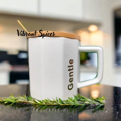 Picture of Genuine Ceramic  style Mug with Wooden Lid Milk Coffee Cup Original Breakfast Mug 300ml(White)
