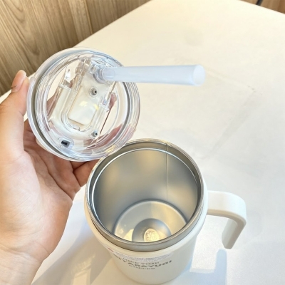 Picture of 1 pcs Stainless Steel Coffee Mug Portable Tea Coffee Milk Cup Thermal Insulation Brief Anti-Fall Cappuccino Latte Mugs(500ml with straw)