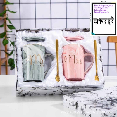 Picture of Luxury Coffee Mug Breakfast Milk Coffee Tea Cup Marble Gold Plating MRS MR Ceramic Mug Pink Blue Drinkware Couple Lover's Gift - Coffee Mug(Multicolor)