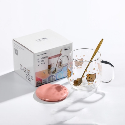 Picture of Creative transparent pot belly cup Japanese flower scale tea cup mug with lid and spoon high borosilicate milk coffee cup - Coffee Mug(1pcs panda  mug)