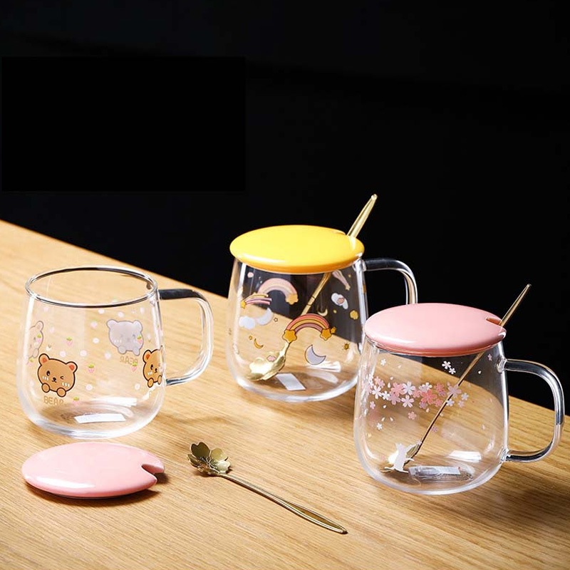 Picture of Creative transparent pot belly cup Japanese flower scale tea cup mug with lid and spoon high borosilicate milk coffee cup - Coffee Mug(1pcs flower design)