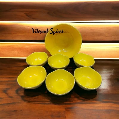 Picture of new Excusive Desing 7 Pcs Sweet Bowl Set Including Serving Dish , Oven Proof porcelain Ceramic Porcelain Snack Bowl Set,Ceramic Firni Set & bati, Soup & Firni Bati(7pcs set yellow)