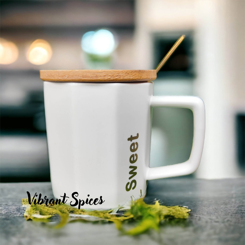 Picture of Genuine Ceramic  style Mug with Wooden Lid Milk Coffee Cup Original Breakfast Mug 300ml(White)