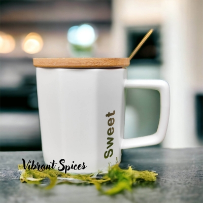 Picture of Genuine Ceramic  style Mug with Wooden Lid Milk Coffee Cup Original Breakfast Mug 300ml(White)