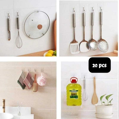 Picture of 05/10/20 Pcs Hooks Transparent Strong Self Adhesive Door Wall Hangers Hooks Suction Heavy Load Rack Cup Sucker for Kitchen Bathroom and all tiles wall(20 pcs adhisive hook)