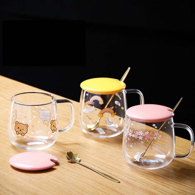 Picture of Creative transparent pot belly cup Japanese flower scale tea cup mug with lid and spoon high borosilicate milk coffee cup - Coffee Mug(1pcs panda  mug)