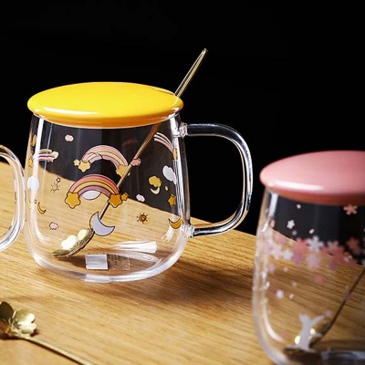 Picture of Creative transparent pot belly cup Japanese flower scale tea cup mug with lid and spoon high borosilicate milk coffee cup - Coffee Mug(1 pcs rainbow design)