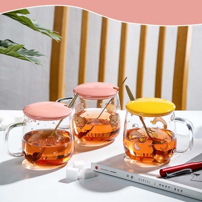 Picture of Creative transparent pot belly cup Japanese flower scale tea cup mug with lid and spoon high borosilicate milk coffee cup - Coffee Mug(1pcs flower design)