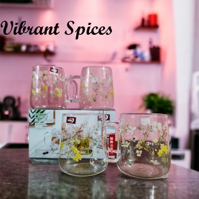 Picture of Heat-resistant thickened  glass cup with simple large-capacity drinking cup tea cup household transparent cup men and women tea 4pcs  set(floral design 520ml 4 pcs)