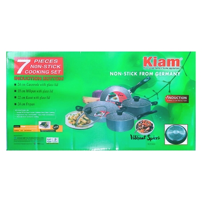 Picture of Kiam-Marble Non Stick 7 Pcs Cookware Set Marble Coating Layers For Superior Release -Marbel Coated,1Pcs Casserol,1Pcs Fry pan,1Pcs Korai,1Pcs Milk pan,With 3Pcs Lid(Multicolor)