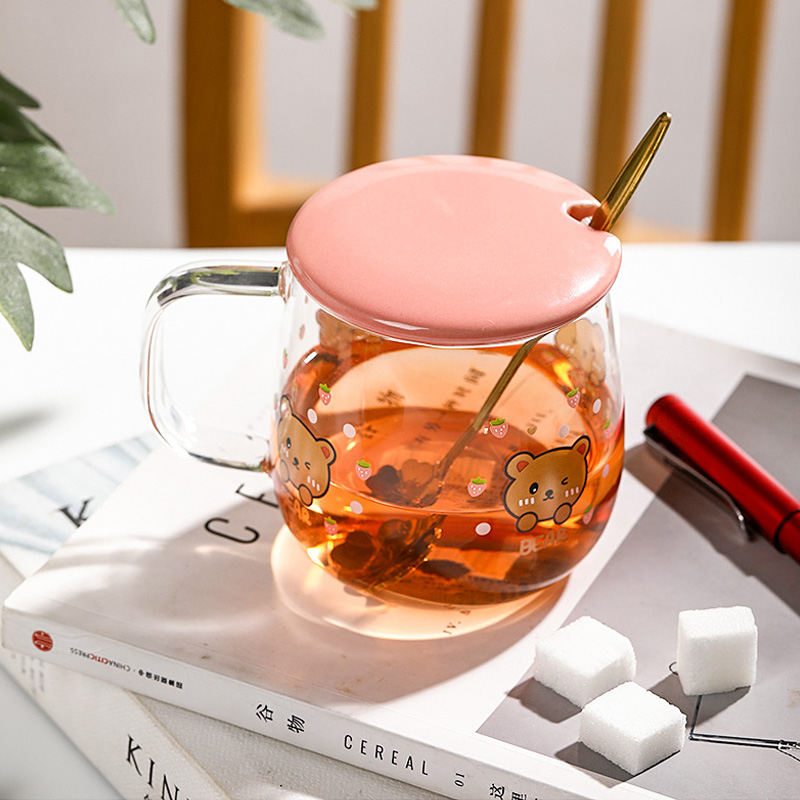 Picture of Creative transparent pot belly cup Japanese flower scale tea cup mug with lid and spoon high borosilicate milk coffee cup - Coffee Mug(1pcs flower design)