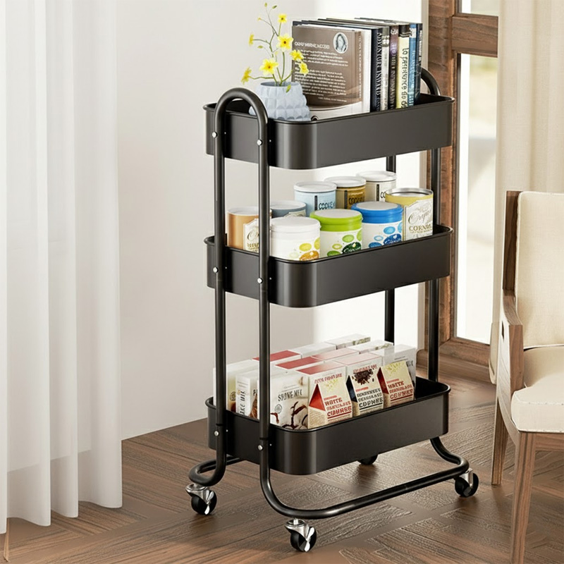 Picture of New Binca 3 layer kitchen rack floor-to-ceiling multi-layer movable trolley rack bathroom rotating mobile rack(multicolour)